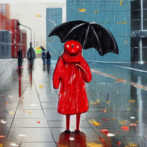 Image similar to detailed painting of paperbag head person standing at a bus stop, comic style, holding a red umbrella, glossy from rain, rain details, street filled with water, muted fall color palette,