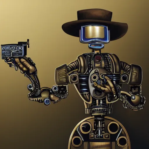 Image similar to a portrait of a robot holding a revolver, steampunk