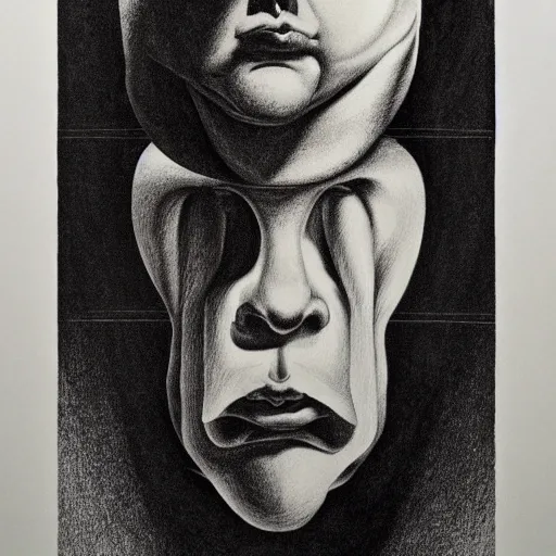 Image similar to lithography on paper conceptual figurative ( post - morden ) monumental dynamic soft shadow portrait drawn by hogarth and escher and francis bacon, inspired by goya, illusion surreal art, highly conceptual figurative art, intricate detailed illustration, controversial poster art, polish poster art, geometrical drawings, no blur