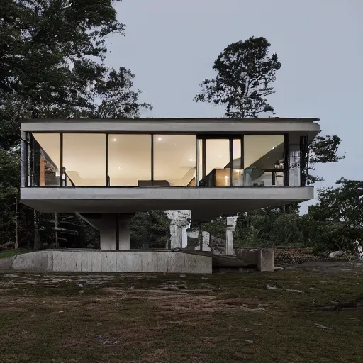 Prompt: second story elevated white brutalist home perched atop 2 equidistant separated large piers, double cantilevered design, large windows, elegant, white stone, proportion, golden ratio, epic composition, steel window mullions, cars parked underneath