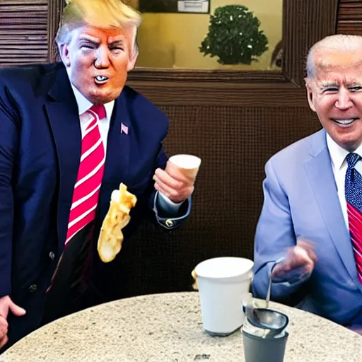 Image similar to photograph of trump and Biden sitting and eating breakfast at a Wafflehouse