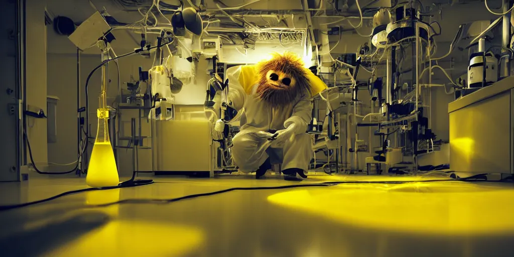 Prompt: hairy monster in laboratory clean room, photolithography, yellow artificial lighting, photorealistic, movie shot