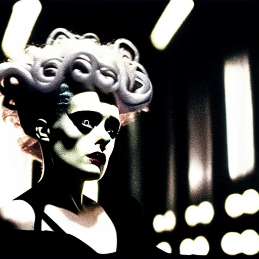 Image similar to cinematic portrait of surprised helena bonham carter as bride of frankenstein as a replicant in a busy nightclub,, still from the movie bladerunner, fashion photography, a sign is in the background, 8 k, high detail, face in focus