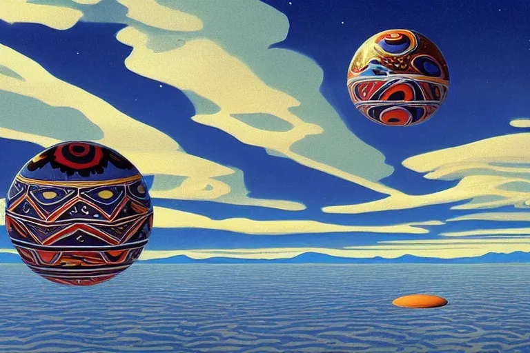 Prompt: a giant ((((metallic)))) floating sphere covered in canadian colorful aboriginal patterns!! hovering above a Yukon lake, (painted by Ralph McQuarrie), matte painting, very detailed, concept art