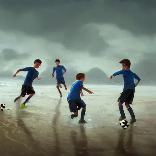 Image similar to four boys playing soccer at a beach, raining, hyper detailed, digital art, trending in artstation, cinematic lighting, studio quality, smooth render, octane rendered, concept art, sharp focus, illustration, art by artgerm and greg rutkowski and wlop