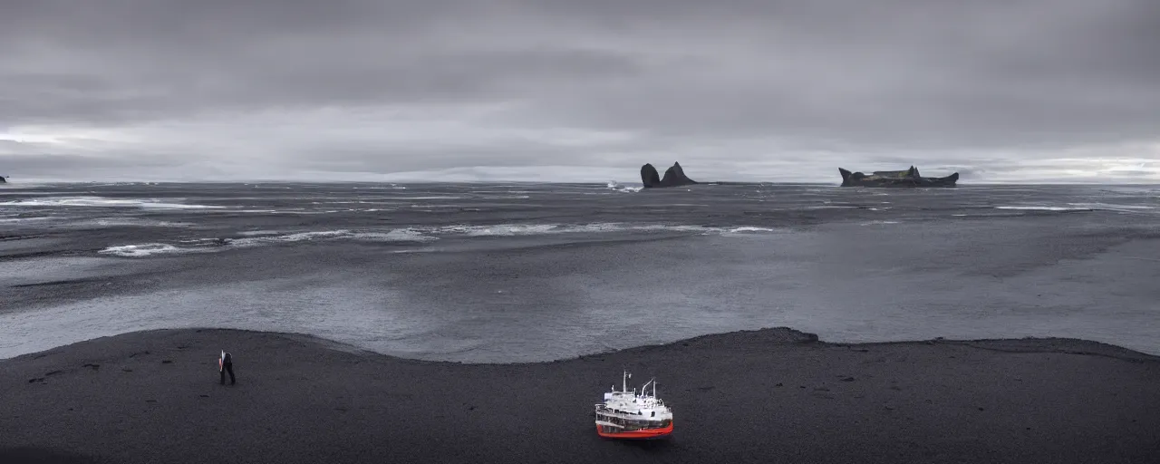 Image similar to cinematic shot of giant symmetrical futuristic military spacecraft in the middle of an endless black sand beach in iceland with icebergs in the distance,, 2 8 mm