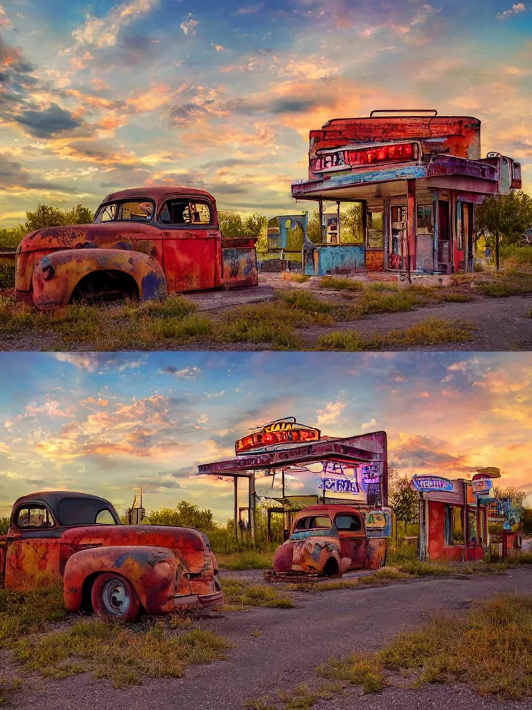 Image similar to A beautiful colorful evening scene of route66 with abandoned gas station and rusty old pickup truck :: hyper realistic