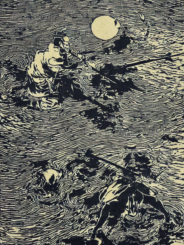 Image similar to old printmaking woodblock print of a samurai (in the middle of the composition, centered) with a katana standing in water with ripples around him, a big sun above. beautiful dark fantasy, 8k detail