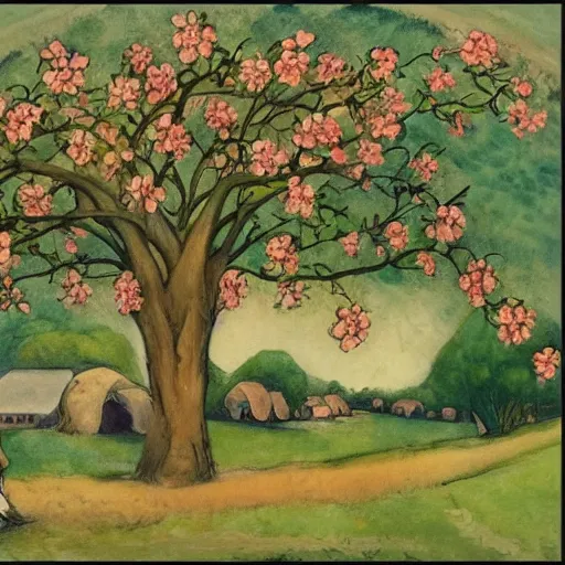 Image similar to A beautiful conceptual art depicting a farm scene. The conceptual art shows a view of an orchard with trees in bloom. by Gerda Wegener, by Peter Milligan dynamic