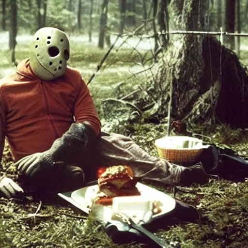 Prompt: jason voorhees having a picnic at chernobyl