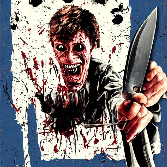 Image similar to realistic portrait of a psycho with a knife on a 1 9 8 0 s horror movie poster, vintage 8 0 s print, detailed, scary, horror, screen print, trending on artstation