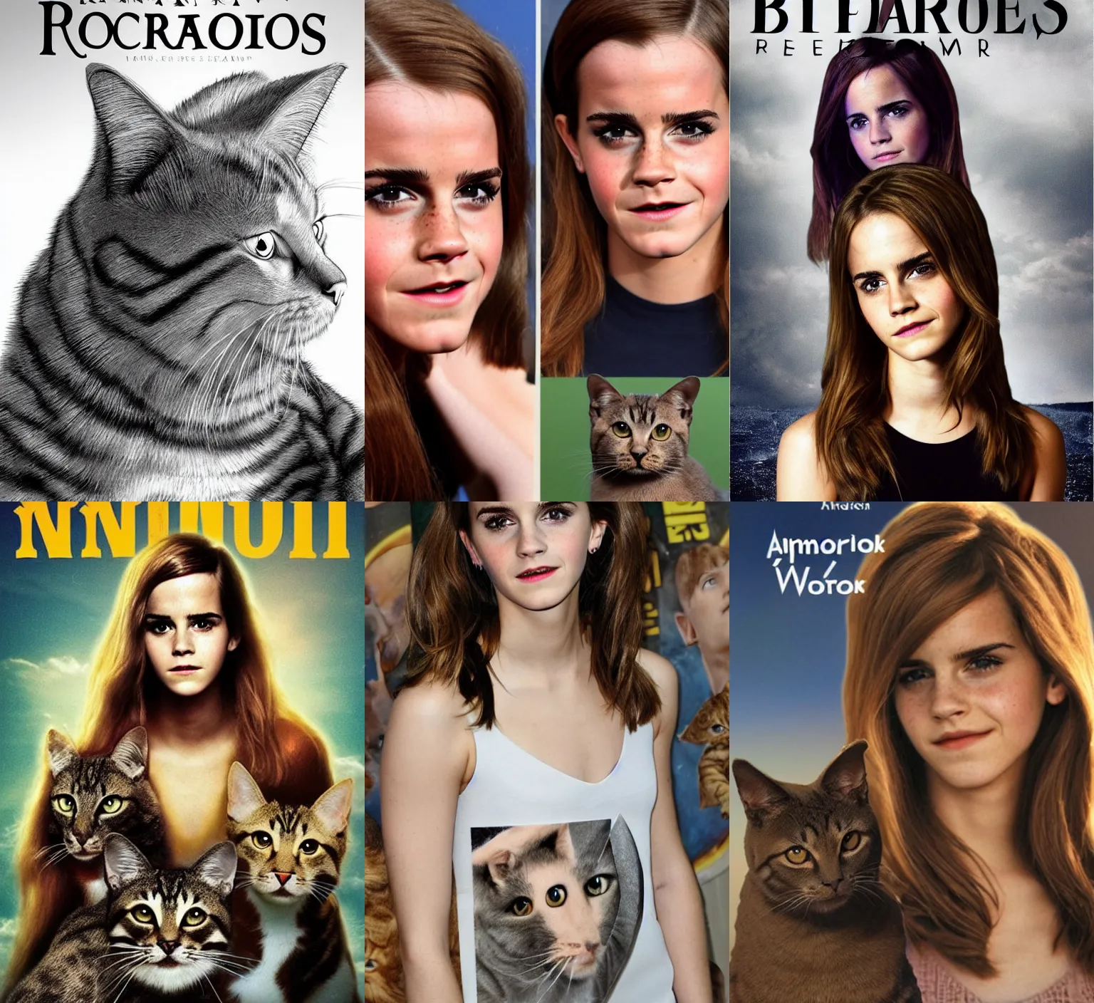Prompt: animorphs book cover of emma watson morphing into a cat, book cover design, animorphs