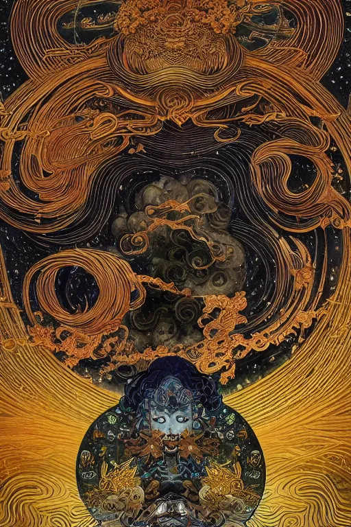 Prompt: storm god, mist of swirling clouds, painted by 秋 屋 蜻, with multiple golden boarders on black paper background + black paper with intricate and vibrant prismatic line work + tarot card + angelarium, art deco, art nouveau + shiny and full of silver layers + symmetrical portrait + visually striking amber eyes + trending on artstation