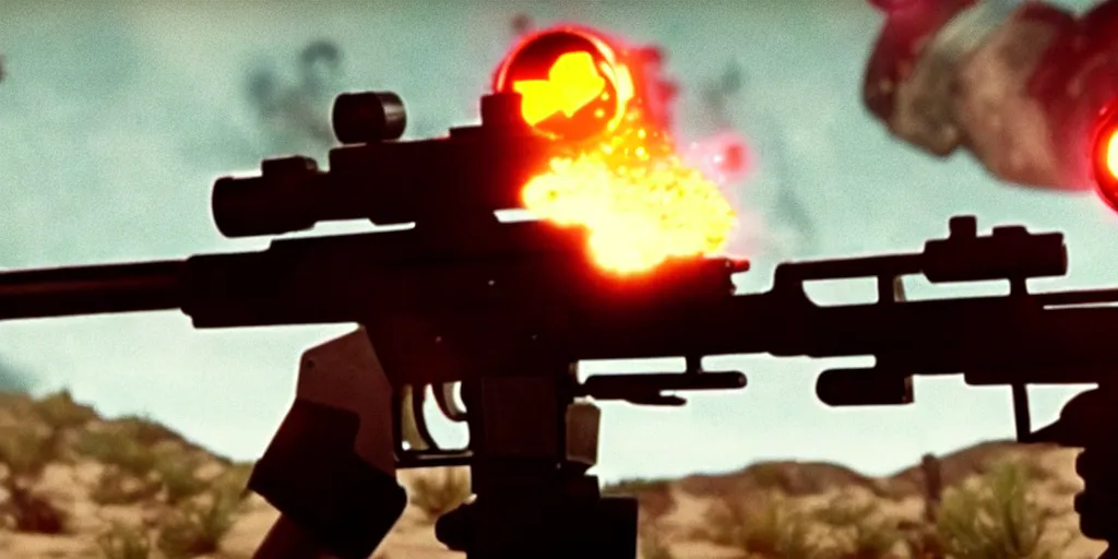 Image similar to high detail movie still of spongebob squarepants shooting an ak - 4 7 machine gun with muzzle flash, cinematic framing rule of thirds, cinematic light, hard shadows, in the style of the movie lone survivor,