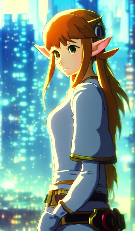 Prompt: anime fine details portrait of Zelda in front of cyberpunk moder city landscape on the background deep bokeh, close-up view, anime masterpiece by Studio Ghibli. 8k, sharp high quality anime, artstation