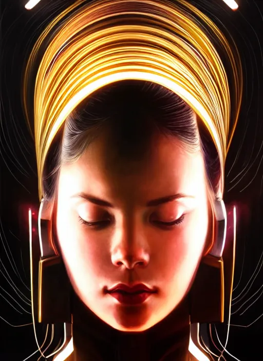 Image similar to symmetry!! centered head on closeup portrait of a girl reading multiple books, sci - fi -, cyberpunk, blade runner, glowing lights, tech, biotech, techwear!! intricate, elegant, highly detailed, digital painting, artstation, concept art, smooth, sharp focus, illustration, art by artgerm and greg rutkowski and alphonse mucha