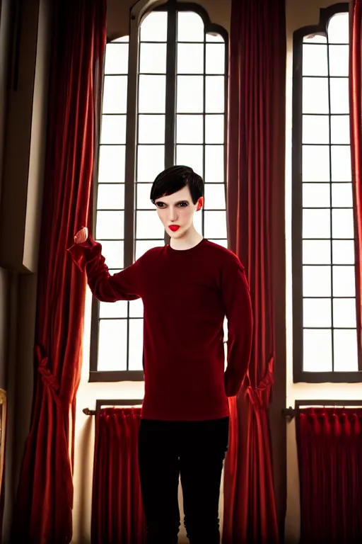 Image similar to androgynous male with black short hair and pale skin is standing in front of a mirror surrounded by victorian interior in a room with tall windows dark red curtains and moos green flooring by leonardo da vinci. volumetric lighting, petspective room layout