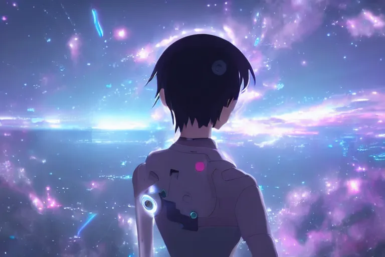 Prompt: makoto shinkai. robotic android girl. futuristic cyberpunk dystopia. vibrant nebula sky. back of head.