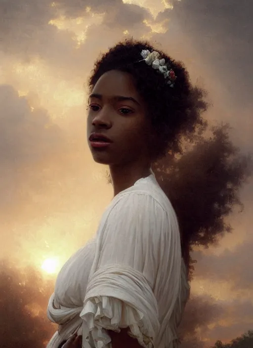 Image similar to oil painting close up portrait of a contemplative young black woman with long dark flowing hair in a white dress, wearing a crown of white roses!! at sunset, hazy, digital art, chiaroscuro, artstation, cinematic, golden hour, digital art painting by greg rutkowski, william - adolphe bouguereau, hazy atmosphere, cinematic lighting