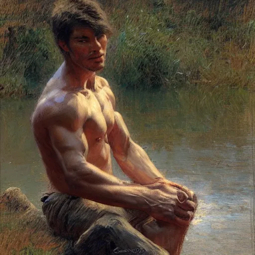 Image similar to young man by the river, muscular, detailed face, correct face, painting by Gaston Bussiere, Craig Mullins