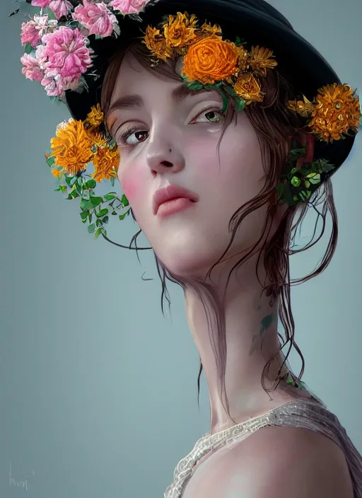 Prompt: a portrait of a female wearing a hat with flowers on top, hyper detailed, digital art, trending in artstation, cinematic lighting, studio quality, smooth render, unreal engine 5 rendered, octane rendered, art style by klimt and nixeu and ian sprigger and wlop and krenz cushart