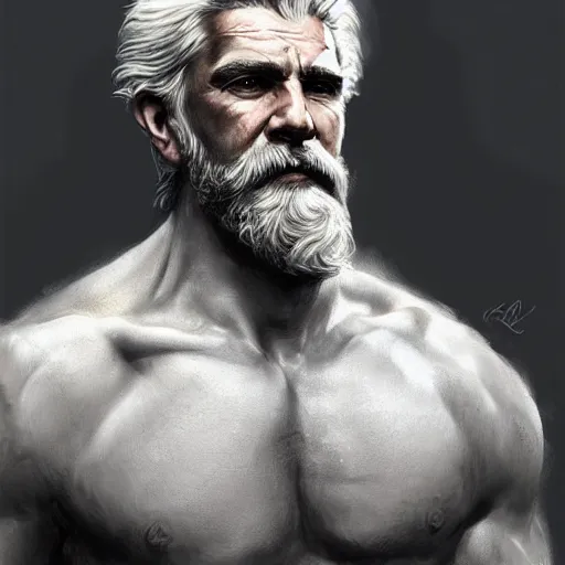 Prompt: painted portrait of rugged zeus, greek god, 4 0 years old, handsome, white hair, soft hair, upper body, muscular, hairy torso, fantasy, intricate, elegant, highly detailed, digital painting, artstation, concept art, smooth, sharp focus, illustration, art by greg rutkowski