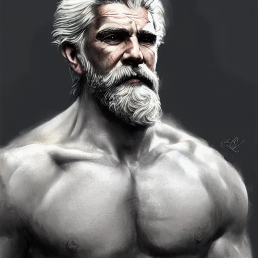 Image similar to painted portrait of rugged zeus, greek god, 4 0 years old, handsome, white hair, soft hair, upper body, muscular, hairy torso, fantasy, intricate, elegant, highly detailed, digital painting, artstation, concept art, smooth, sharp focus, illustration, art by greg rutkowski