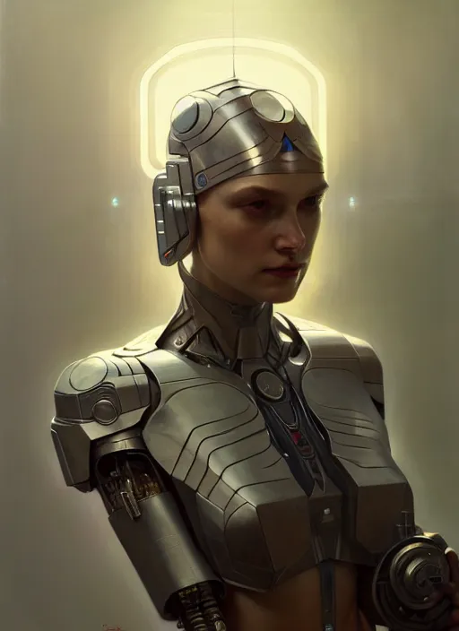 Prompt: jedi cyborg, diffuse lighting, fantasy, intricate, elegant, highly detailed, lifelike, photorealistic, digital painting, artstation, illustration, concept art, smooth, sharp focus, art by John Collier and Albert Aublet and Krenz Cushart and Artem Demura and Alphonse Mucha