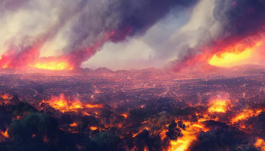 Image similar to wide view from a hill of los angeles on fire with smoke columns, hyperdetailed, artstation, cgsociety, 8 k