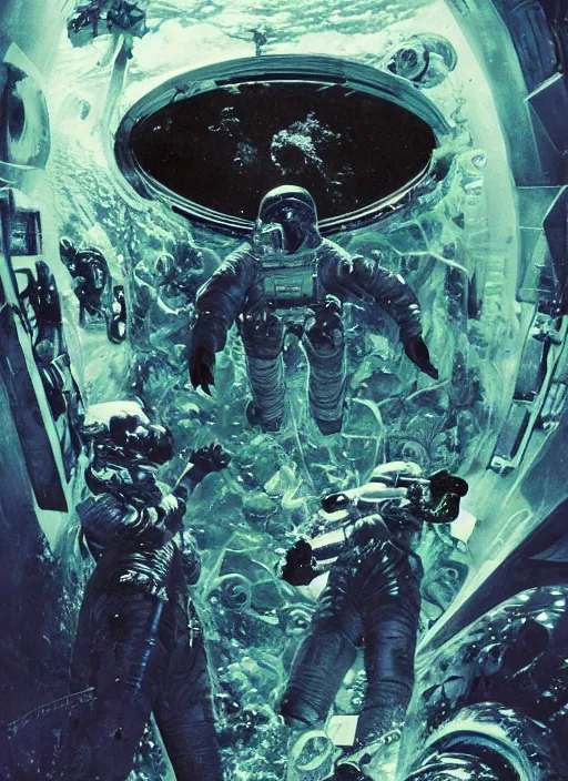 Image similar to astronauts in dark void underwater - complex and hyperdetailed technical suit. reflection and dispersion materials. rays and dispersion of light. volumetric light. f / 3 2. noise film photo. flash photography. ultra realistic, wide angle. poster by wayne barlowe, hajime sorayama aaron horkey, craig mullins