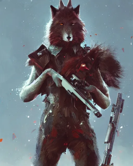 Image similar to beautiful portrait of a handsome black male anthropomorphic wolf fursona red hair, long red hair wearing destiny 2 armor and holding a sniper rifle. character design by cory loftis, fenghua zhong, ryohei hase, ismail inceoglu and ruan jia. artstation, volumetric light, highly detailed, photorealistic, fantasy, rendered in octane