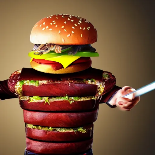 Prompt: warrior of the burger, man wearing burger suit whilest holding a katana, realistic, hdr, clear image, hdd, dynamic lighting,