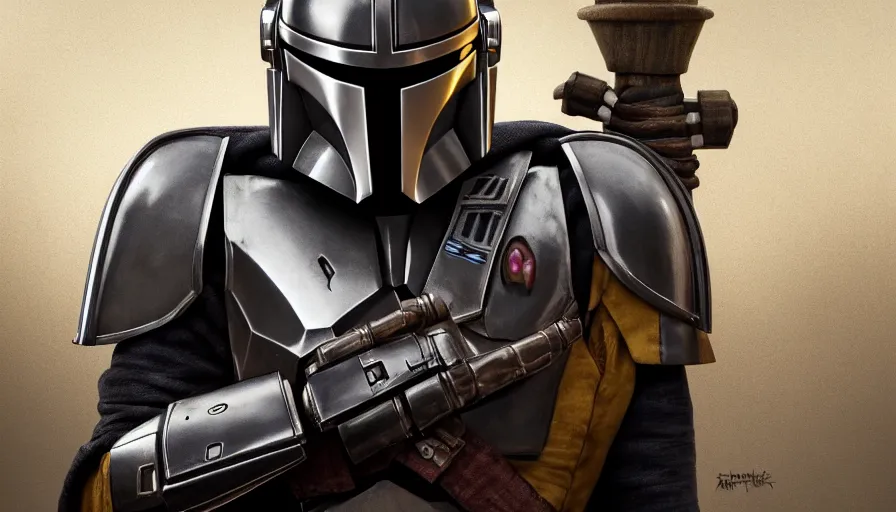 Image similar to mandalorian as a clockwork man, rule of thirds, beautiful detailed face, ultra realistic, concept art, intricate details, serious, highly detailed, photorealistic, octane render, 8 k, unreal engine, detailed oil painting.