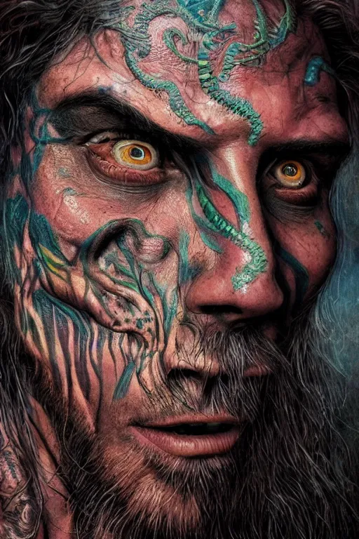 Prompt: hyperrealistic hyper detailed neo-surreal close-up 35mm portrait of levitating psychedelic shaman covered in dinosaur tattoos, rococo matte painting concept art very dramatic lighting low angle hd 8k sharp shallow depth of field