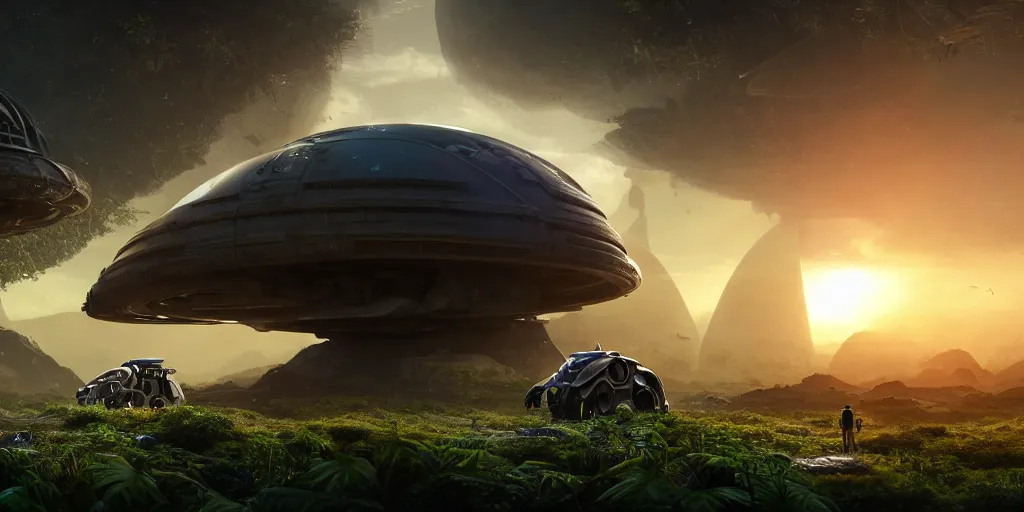 Image similar to a huge futuristic rusty old alien spaceship, next to it a smaller exploration vehicle on a landing pad, surrounded by a lush alien jungle, in the foreground two explorers are arguing next to tiny animals!!, (the animals are walking around), sunset, volumetric light, hyperdetailed, artstation, cgsociety, 8k