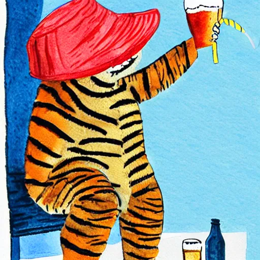 Image similar to an illustration of a tiger wearing a bucket hat drinking a beer at an outdoor bar in stockholm, children's book watercolor drawing