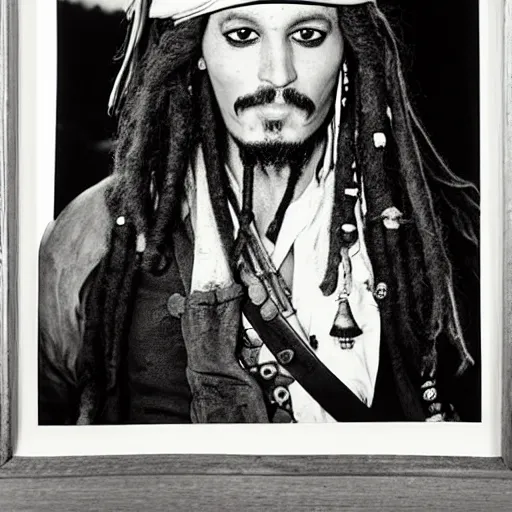 Image similar to black and white award winning photograph captain jack sparrow with wide grin portrait dramatic lighting by Walker Evans