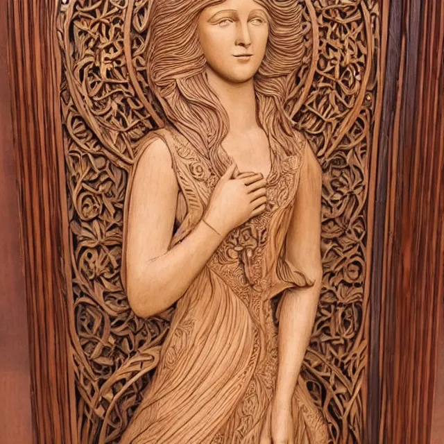 Prompt: a 3 d wooden mahogany art nouveau carved sculpture of a young millie bobby brown or alicia vikander with long hair blowing in the wind, in front of a delicate tracery pattern, intricate and highly detailed, well - lit, ornate, realistic, polished with visible wood grain