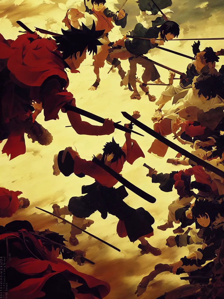 Image similar to baroque oil painting of key visual samurai fight, rule of thirds golden ratio, fake detail, trending pixiv fanbox, acrylic palette knife, style of makoto shinkai ghibli takashi takeuchi yoshiyuki sadamoto jamie wyeth james gilleard greg rutkowski chiho aoshima