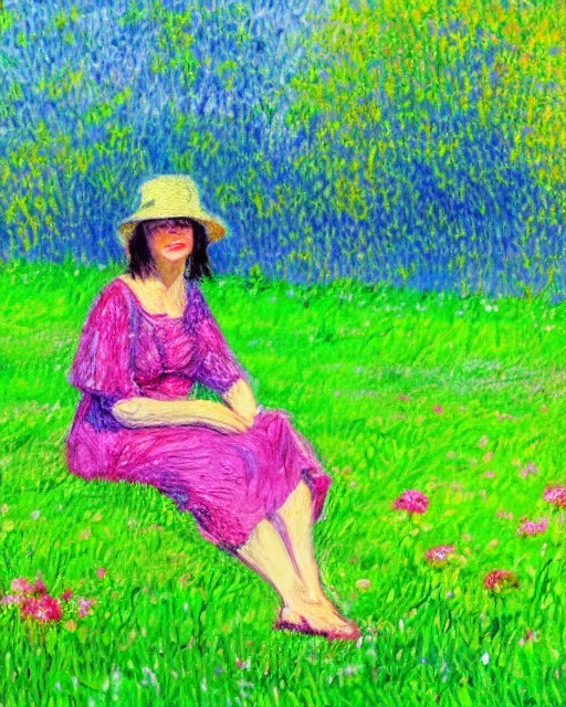 Prompt: woman sitting on the grass, woman, clear weather, green grass, white clouds, clouds, trees around, flowers around, saturated colors, impressionism