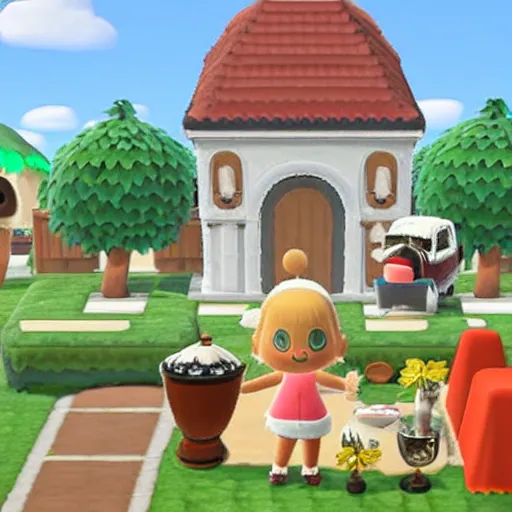 Prompt: pope francis visits animal crossing village with his popecar