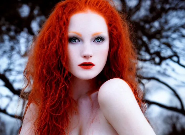 Image similar to award winning 5 5 mm close up face portrait photo of an anesthetic and beautiful redhead woman who looks directly at the camera with blood - red wavy hair, intricate eyes that look like stars, and fangs, in a park by luis royo. rule of thirds.