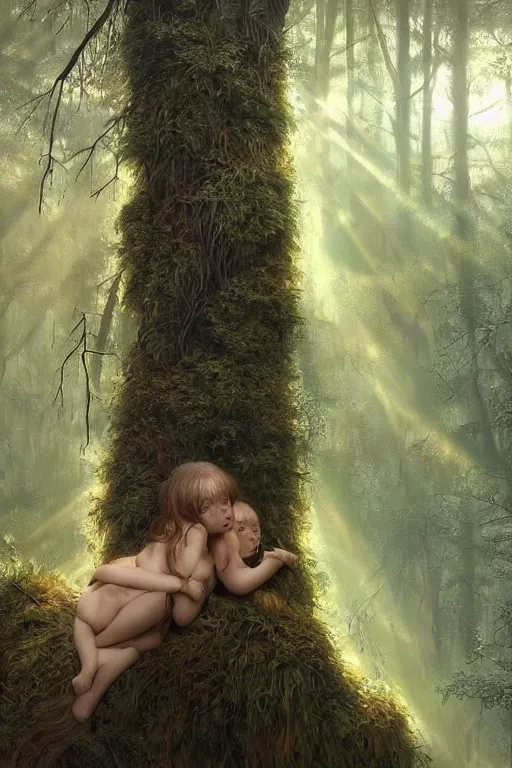 Image similar to mean fluffy teddybear protecting girl in a forest with rays of light coming through the canopy, masterpiece, dystopian, sci-fi, extremely detailed, digital painting, sculpted in zbrush, artstation, concept art, smooth, sharp focus, illustration, chiaroscuro lighting, golden ratio, incredible art, artgerm, greg rutkowski, alphonse mucha, simon stalenhag, carravaggio