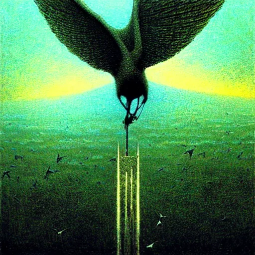 Image similar to hundreds flying birds, shining light, by beksinski, shining light, strong perspective, clear geometry, architecture, Award winning. Masterpiece, detailed illustration