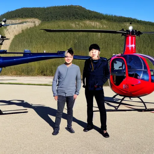 Image similar to blonde swedish guy and tall korean guy in front or robinson r 4 4 helicopter