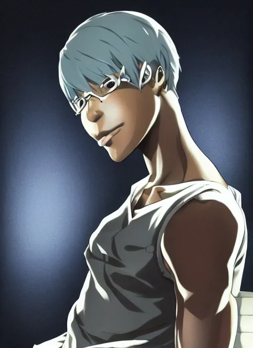 Prompt: character illustration illustrated by shigenori soejima, bald african-american male teenager wearing a white tank-top, cyberpunk, emotional lighting