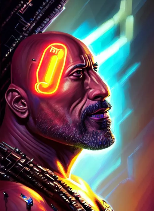 Image similar to portrait of dwayne johnson as cyberpunk shiva god of destruction, intricate, elegant, glowing lights, highly detailed, digital painting, artstation, glamor pose, concept art, smooth, sharp focus, illustration, art by artgerm and greg rutkowski, artey freytag