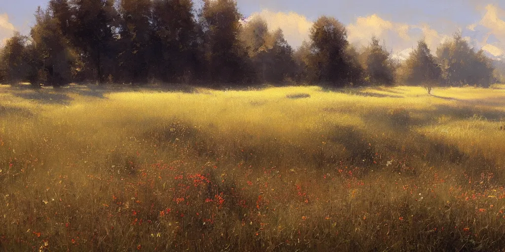 Image similar to a dark oil painting of a beautiful meadow; masterpiece; extremely-detailed; by Craig Mullins