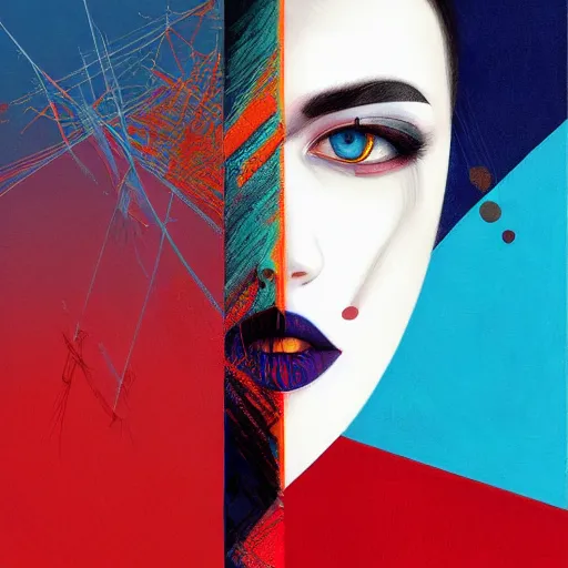 Prompt: the nonlinear. digital painting, vertical, intricate, beautiful, detailed, grunge, sharp focus, abstract art by kuvshinov and el lissitzky and artgerm and kandinsky, trending on artstation. blue, dark red and dark purple color scheme, gradient darker to bottom