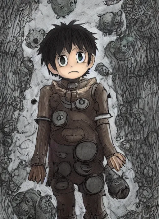 Image similar to beautiful little boy wearing an cyborg bear suit, artwork in kentaro miura and made in abyss and rosdraws, smooth, beautiful lightness, anatomically correct, trending on pixiv, forest